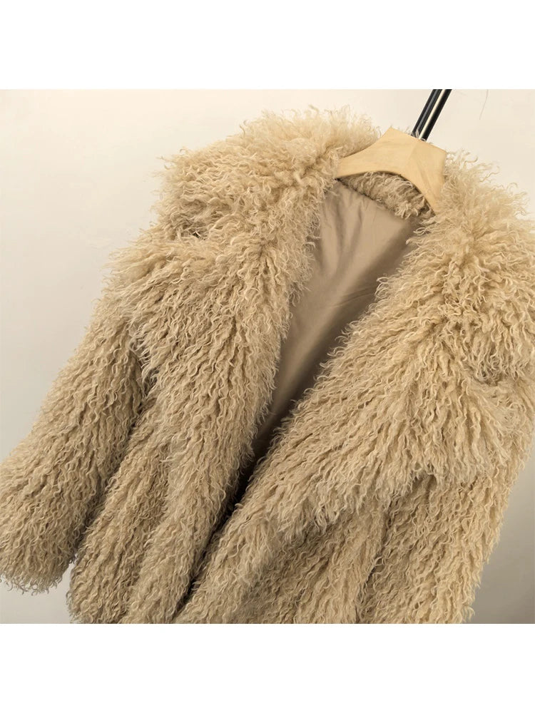 Aynaray 2025 Winter Women Faux Fur Jacket Solid Khaki Long Sleeve Thick Warm Outwear Fluffy Coat For Women