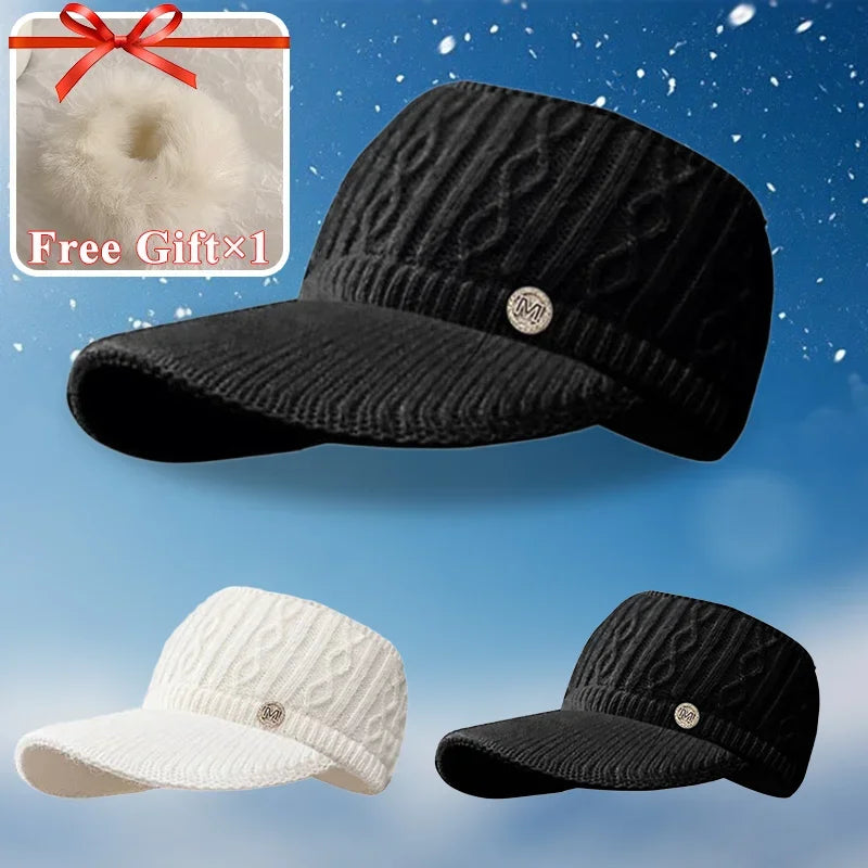 2025Winter Knitted Rabbit Fur Beanie With Visor Ponytail Opening For Women Golf Baseball Outdoor Sports Warm Hat Kpop Style