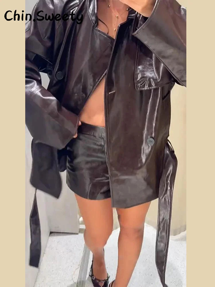 Chic Women's Stand Collar Leather Jacket Shorts Sets With Belt Full Sleeve Double Breasted Coat Short Pant 2025 Autumn Lady Suit