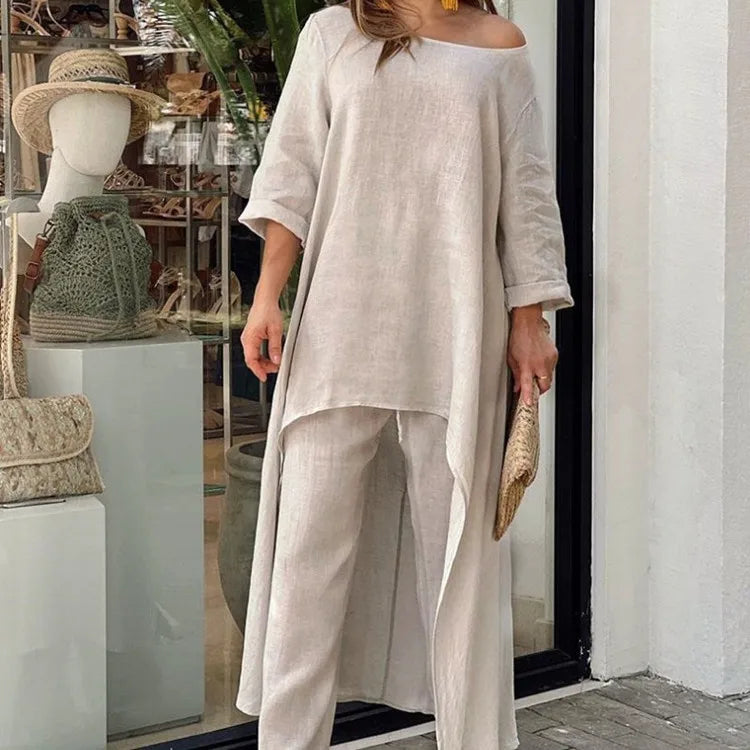 2 Piece Women Set African Clothes Women Outfits Cotton Linen Suit Long-Sleeved Top Pants Oversize Trousers Casual Party Set 2024