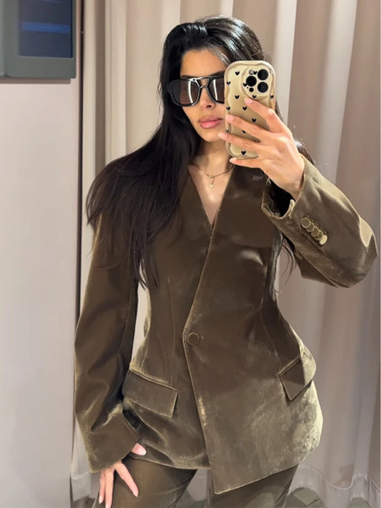 Vlvet Women's Coat Pants Set Turn-down Collar One Button Coats Straight Trousers Female Suit 2025 Autumn Elegant Chic Lady Suits