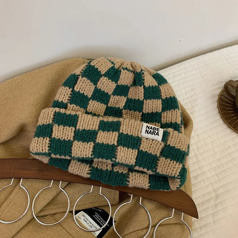 Fashion Vintage Chessboard Plaid Knitted Hat Women Winter New Big Size Hat Warm Beanies Green Red Xmas Christmas Hat