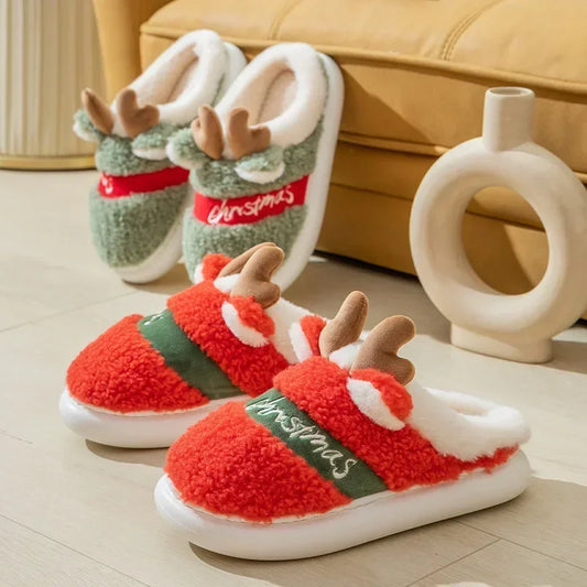 Thick Sole Christmas Deer Slippers Women Indoor Warm Slippers Men Soft Plush Home Floor Shoes Winter Platform Shoes Gifts 2024
