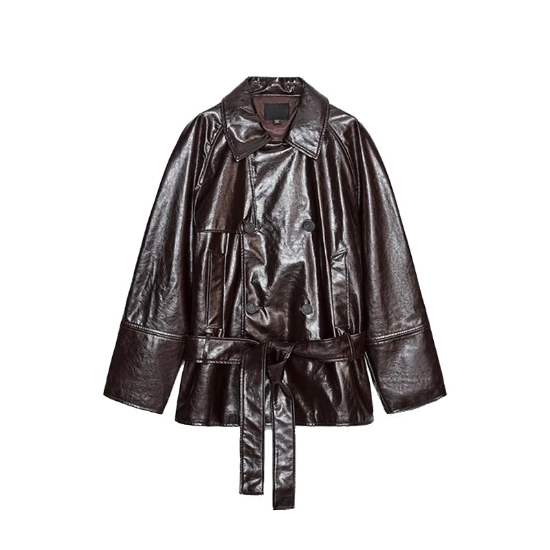 Chic Women's Stand Collar Leather Jacket Shorts Sets With Belt Full Sleeve Double Breasted Coat Short Pant 2025 Autumn Lady Suit