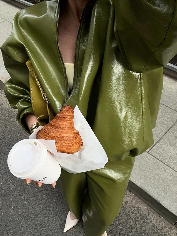 Y2K Pu Leather Women Skirt Set Street Solid Long Sleeve Stand Zippers Jacket Split Skirts 2025 Autumn Fashion Lady Outfit