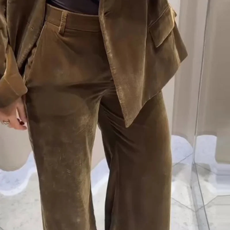 Vlvet Women's Coat Pants Set Turn-down Collar One Button Coats Straight Trousers Female Suit 2025 Autumn Elegant Chic Lady Suits