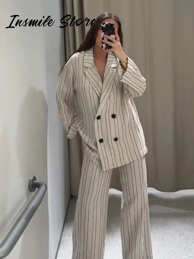 Classic Striped Blazer Trouser Suit Women Double Breasted Lapel  Full Sleeve Jacket Loose Straight Pant 2025 Office Lady Outfit