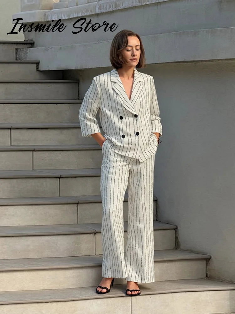 Classic Striped Blazer Trouser Suit Women Double Breasted Lapel  Full Sleeve Jacket Loose Straight Pant 2025 Office Lady Outfit