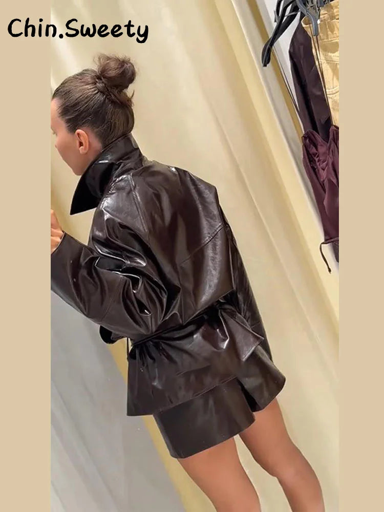 Chic Women's Stand Collar Leather Jacket Shorts Sets With Belt Full Sleeve Double Breasted Coat Short Pant 2025 Autumn Lady Suit