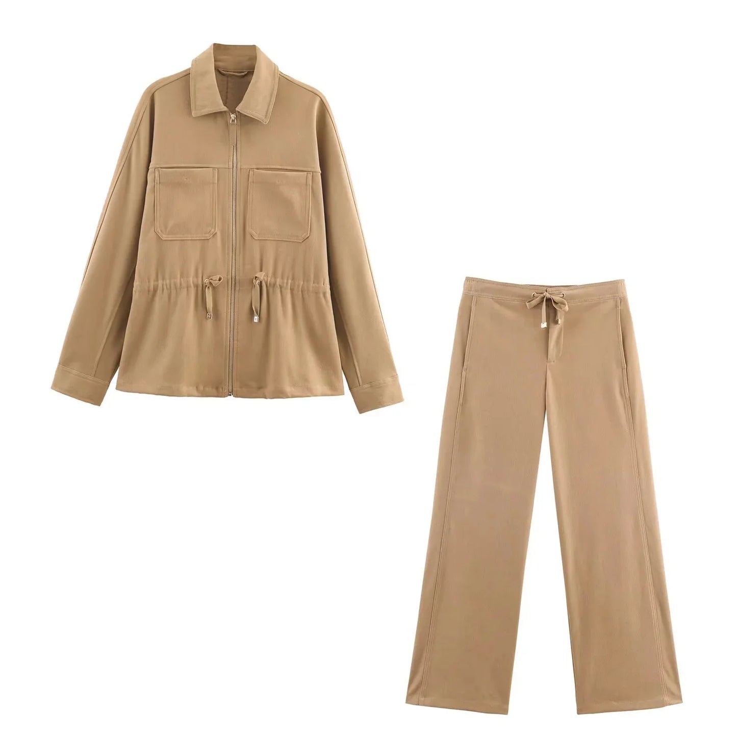 KONDALA 2025 Fall Winter Streetwear Solid Women Lace Up Suits Fashion Elegant Turndown Collar Zip Up Jackets Chic Wide Leg Pants