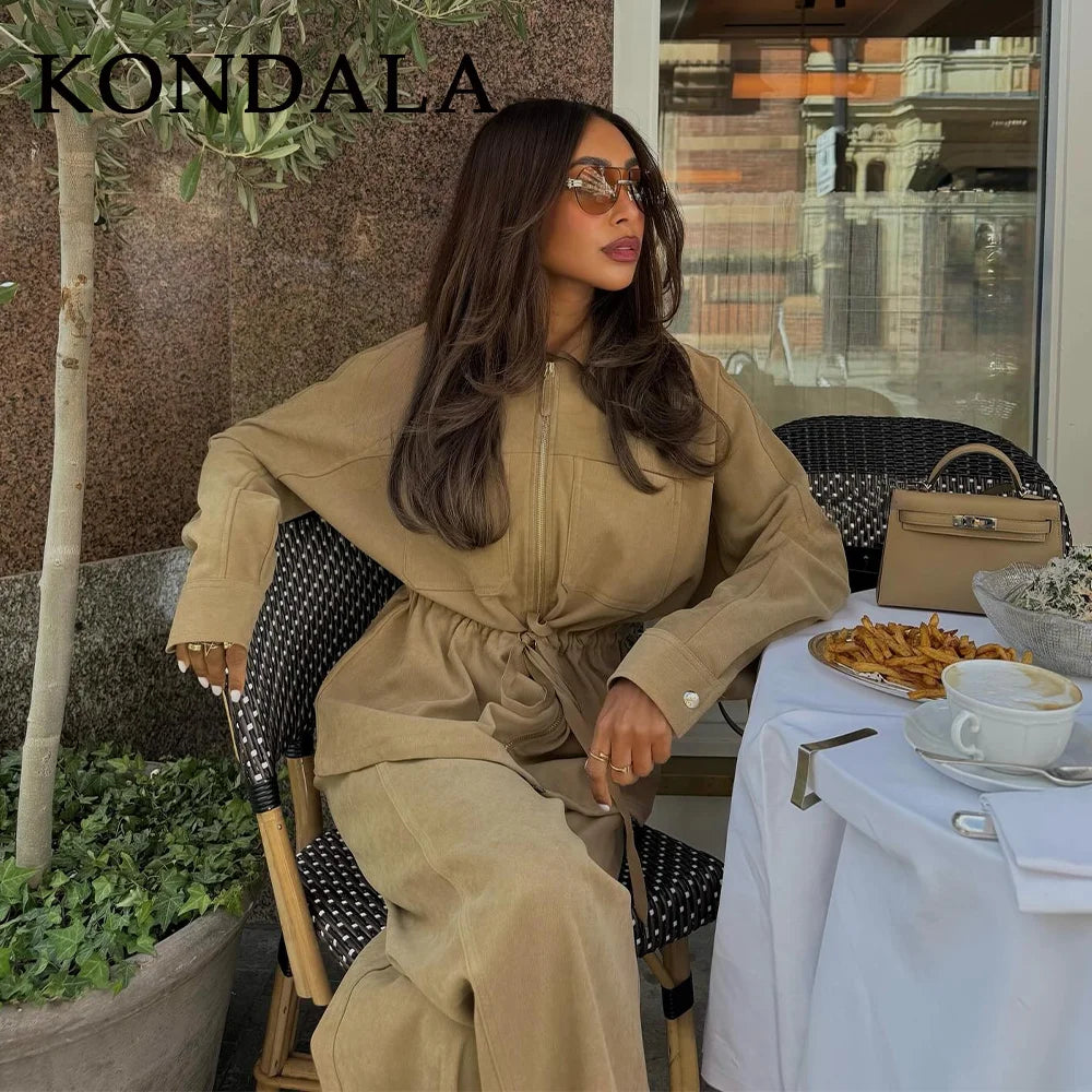 KONDALA 2025 Fall Winter Streetwear Solid Women Lace Up Suits Fashion Elegant Turndown Collar Zip Up Jackets Chic Wide Leg Pants
