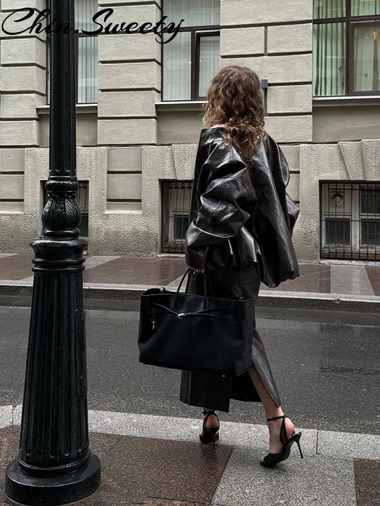 Y2K Pu Leather Women Skirt Set Street Solid Long Sleeve Stand Zippers Jacket Split Skirts 2025 Autumn Fashion Lady Outfit