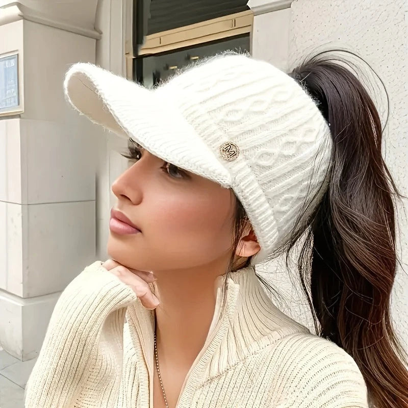 2025Winter Knitted Rabbit Fur Beanie With Visor Ponytail Opening For Women Golf Baseball Outdoor Sports Warm Hat Kpop Style