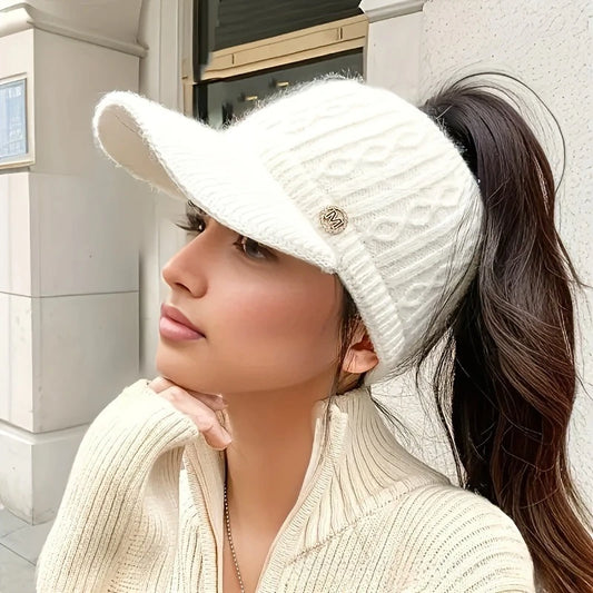 2025Winter Knitted Rabbit Fur Beanie With Visor Ponytail Opening For Women Golf Baseball Outdoor Sports Warm Hat Kpop Style