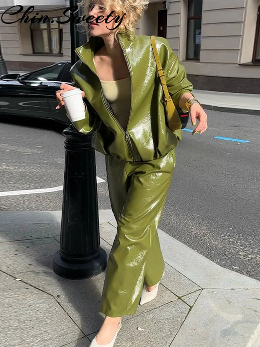 Y2K Pu Leather Women Skirt Set Street Solid Long Sleeve Stand Zippers Jacket Split Skirts 2025 Autumn Fashion Lady Outfit