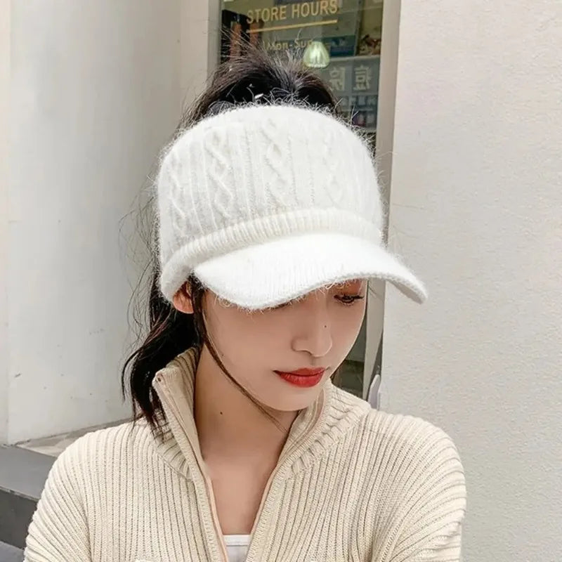 2025Winter Knitted Rabbit Fur Beanie With Visor Ponytail Opening For Women Golf Baseball Outdoor Sports Warm Hat Kpop Style