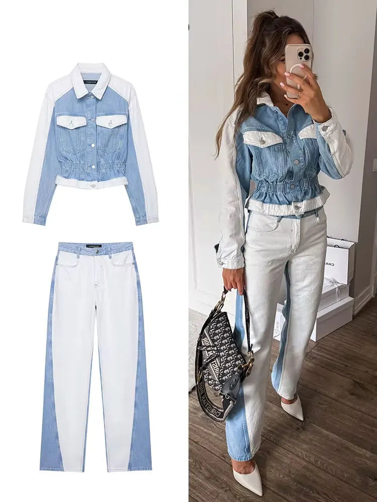 HH 2024 Autumn Female Vintage Denim Suit Long Sleeve Single Breasted Lapel Coat+High Waist Wide Leg Jeans Street Fashion Set