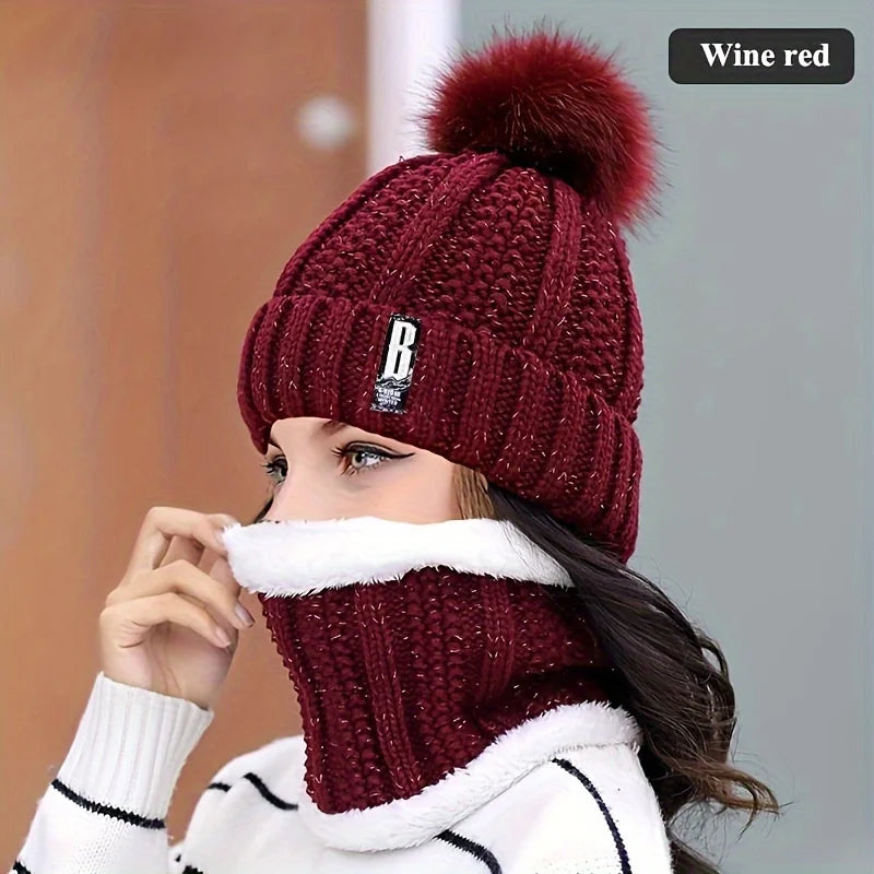 2-piece Winter Warm Windproof Thick Plush Windproof Warm Casual Hat with Scarf