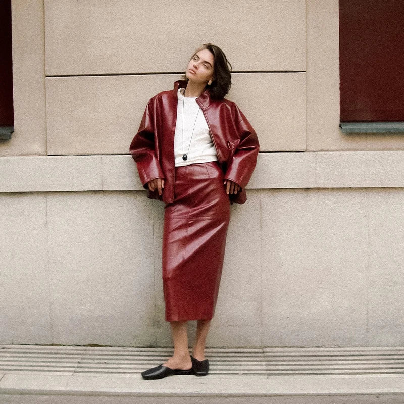Y2K Pu Leather Women Skirt Set Street Solid Long Sleeve Stand Zippers Jacket Split Skirts 2025 Autumn Fashion Lady Outfit