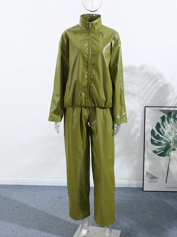 Y2K Pu Leather Women Skirt Set Street Solid Long Sleeve Stand Zippers Jacket Split Skirts 2025 Autumn Fashion Lady Outfit