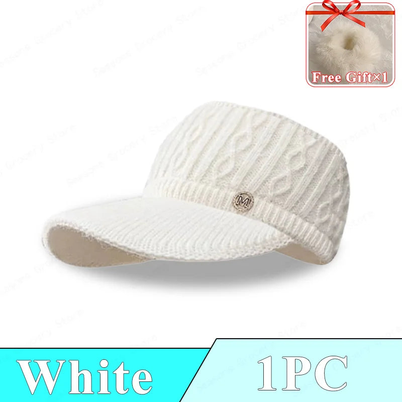 2025Winter Knitted Rabbit Fur Beanie With Visor Ponytail Opening For Women Golf Baseball Outdoor Sports Warm Hat Kpop Style