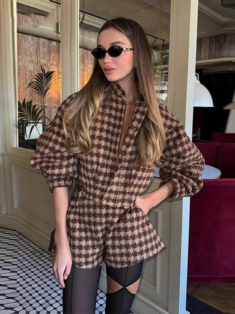 Cozy Grid Pattern Women Shorts Sets Lapel Long Sleeve Loose Single Breasted Ruffle Tops High Waist Pants New Fashion Outerwear