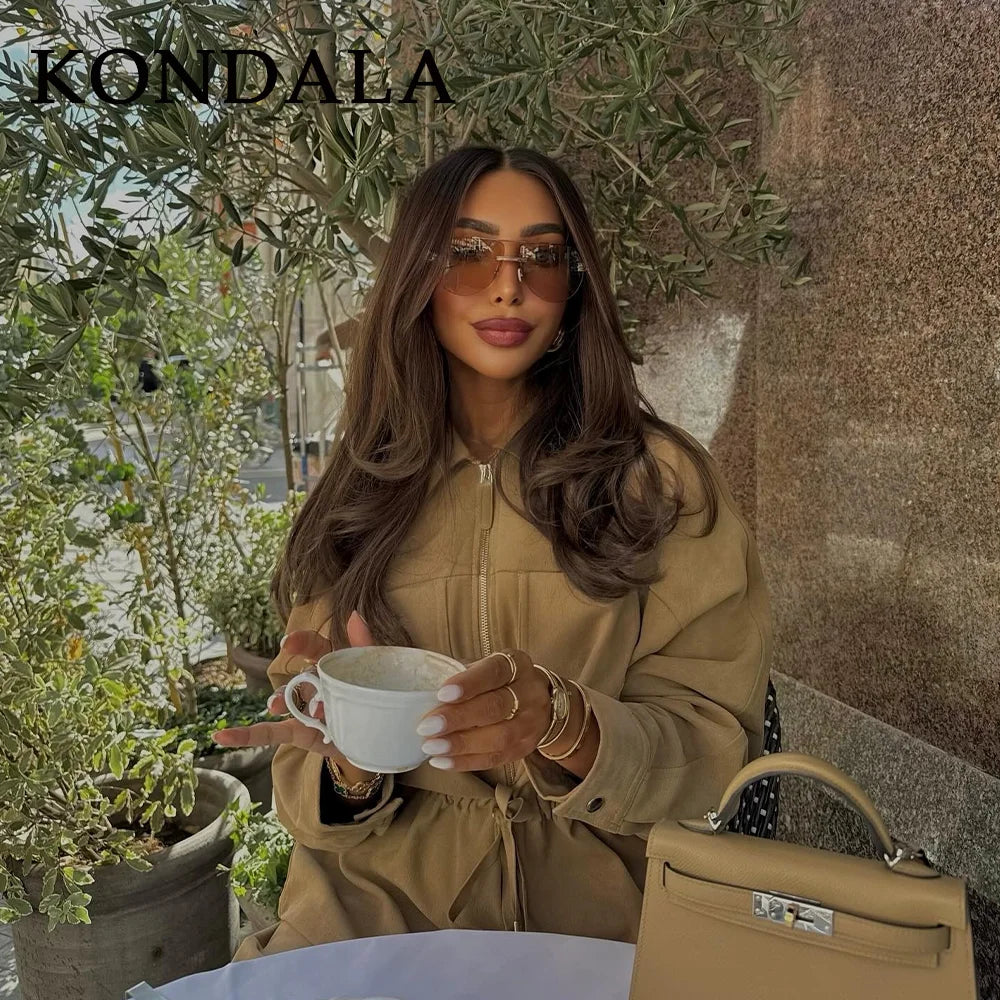 KONDALA 2025 Fall Winter Streetwear Solid Women Lace Up Suits Fashion Elegant Turndown Collar Zip Up Jackets Chic Wide Leg Pants