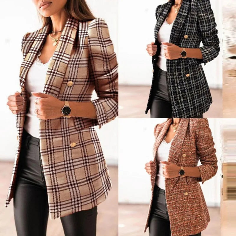 Women Jacket Autumn 2024 Fashion Double Breasted Tweed Blazer Coat Vintage Long Sleeve Female Outerwear Chic Top Casual Blazer
