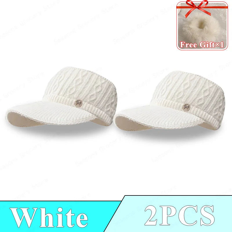 2025Winter Knitted Rabbit Fur Beanie With Visor Ponytail Opening For Women Golf Baseball Outdoor Sports Warm Hat Kpop Style