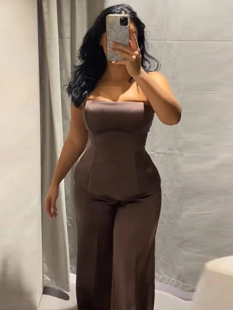 New Satin Long Pants Sets For Women Elegant Strapless Vest Tops Wide Leg Baggy Trousers 2 Pieces Sets Lady Chic Street Outfits