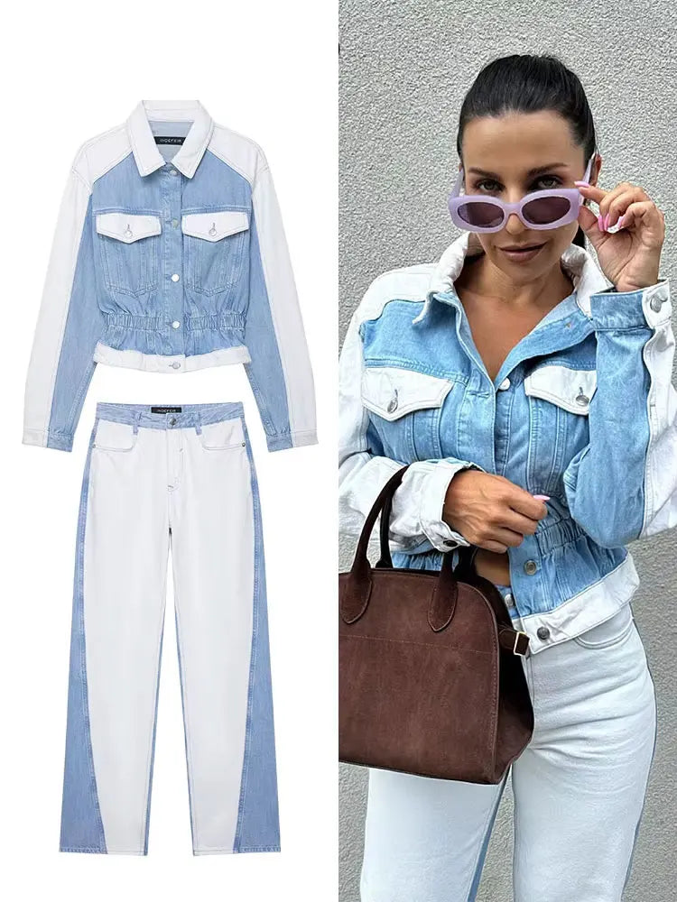HH 2024 Autumn Female Vintage Denim Suit Long Sleeve Single Breasted Lapel Coat+High Waist Wide Leg Jeans Street Fashion Set