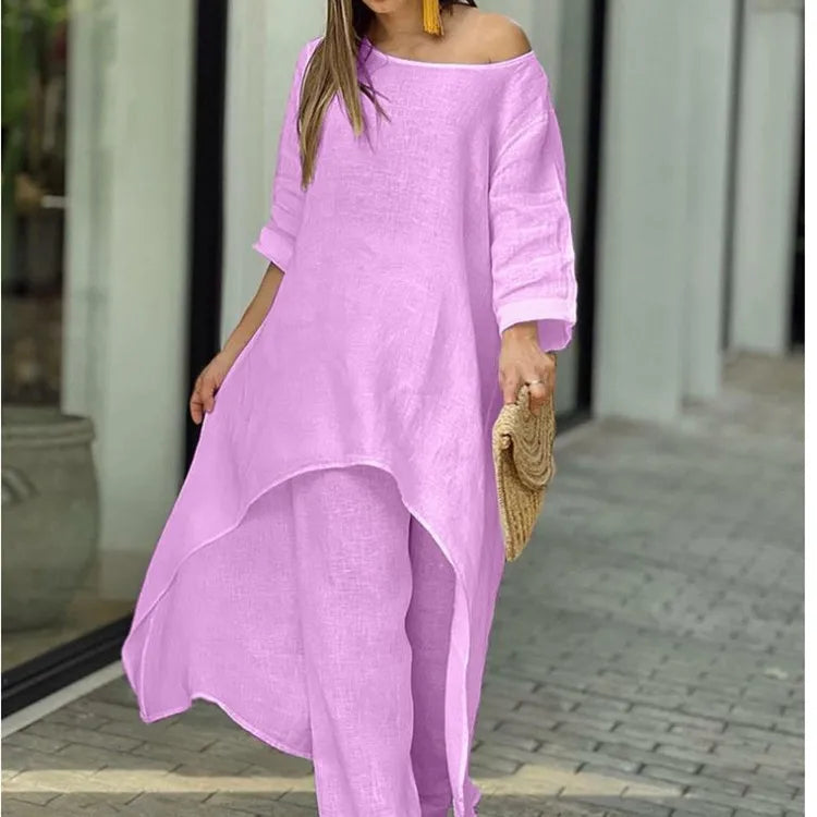 2 Piece Women Set African Clothes Women Outfits Cotton Linen Suit Long-Sleeved Top Pants Oversize Trousers Casual Party Set 2024