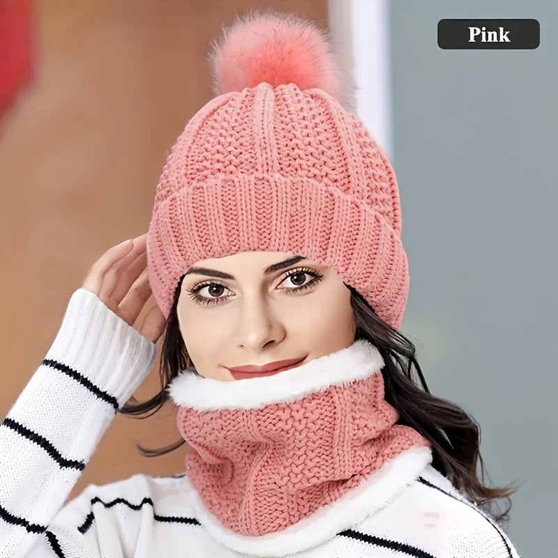 2-piece Winter Warm Windproof Thick Plush Windproof Warm Casual Hat with Scarf