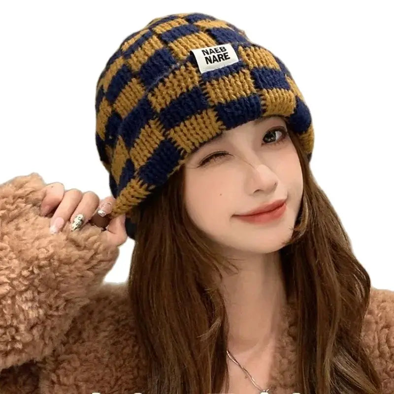 Fashion Vintage Chessboard Plaid Knitted Hat Women Winter New Big Size Hat Warm Beanies Green Red Xmas Christmas Hat