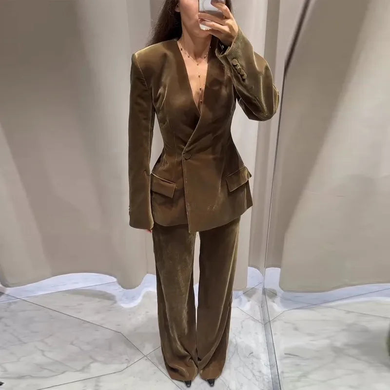 Vlvet Women's Coat Pants Set Turn-down Collar One Button Coats Straight Trousers Female Suit 2025 Autumn Elegant Chic Lady Suits