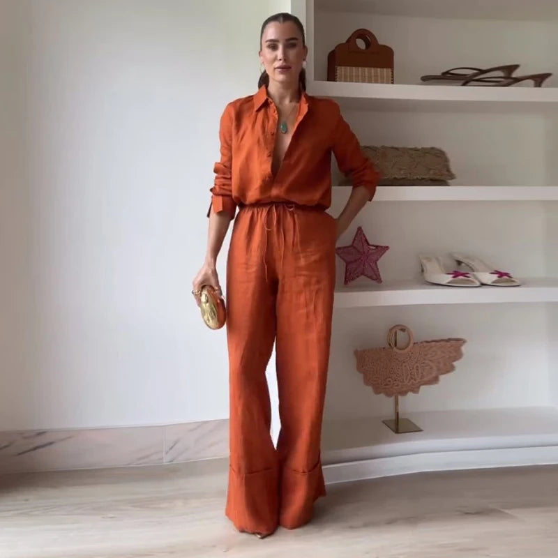 Sexy Loose Silk 3 Piece Sets Women Outfit Fashion Long Sleeve Shirts Bra With High Waist Wide Pants Set Lady Outfit 2025