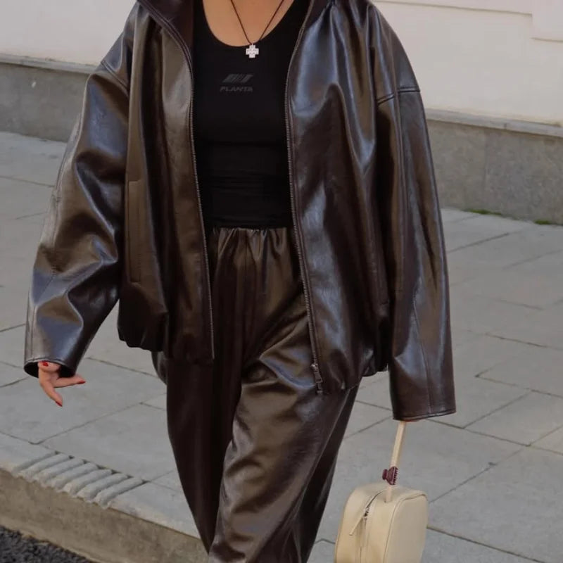 Y2K Pu Leather Women Skirt Set Street Solid Long Sleeve Stand Zippers Jacket Split Skirts 2025 Autumn Fashion Lady Outfit