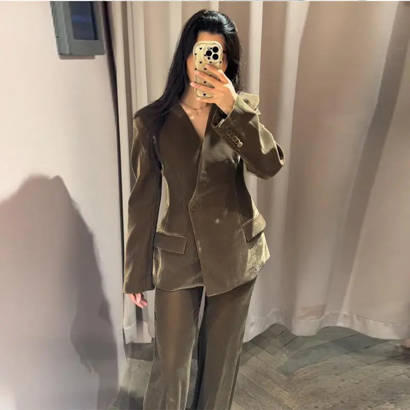 Vlvet Women's Coat Pants Set Turn-down Collar One Button Coats Straight Trousers Female Suit 2025 Autumn Elegant Chic Lady Suits