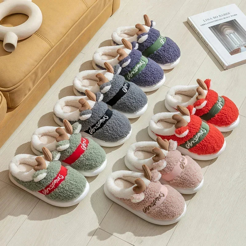 Thick Sole Christmas Deer Slippers Women Indoor Warm Slippers Men Soft Plush Home Floor Shoes Winter Platform Shoes Gifts 2024