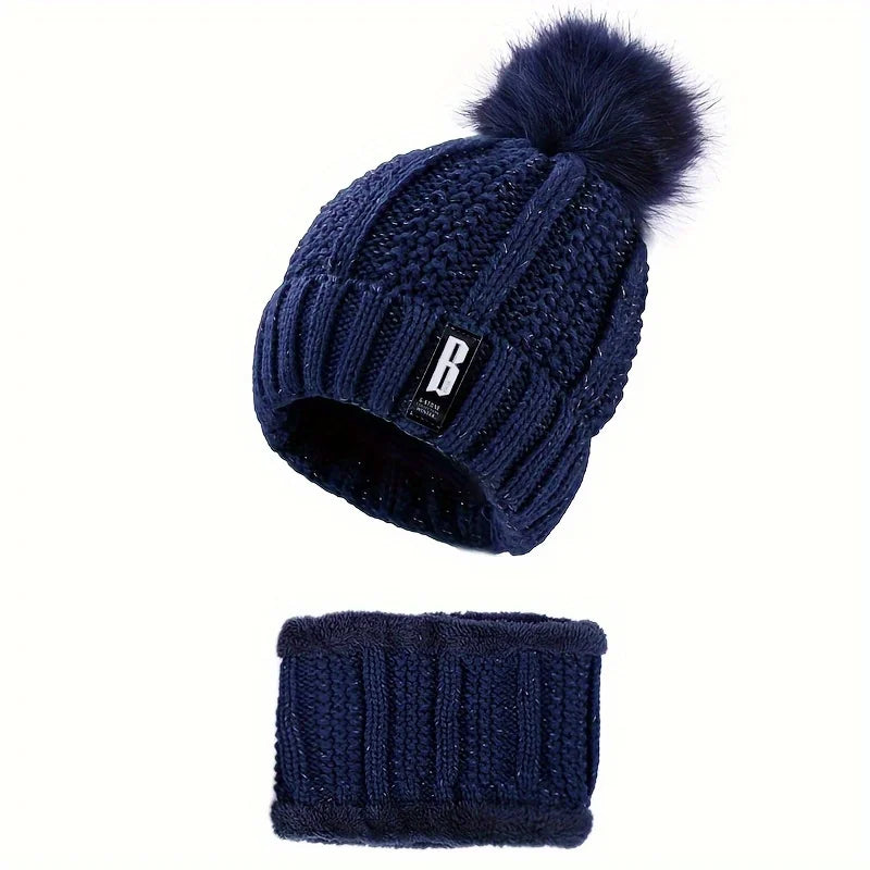 2-piece Winter Warm Windproof Thick Plush Windproof Warm Casual Hat with Scarf