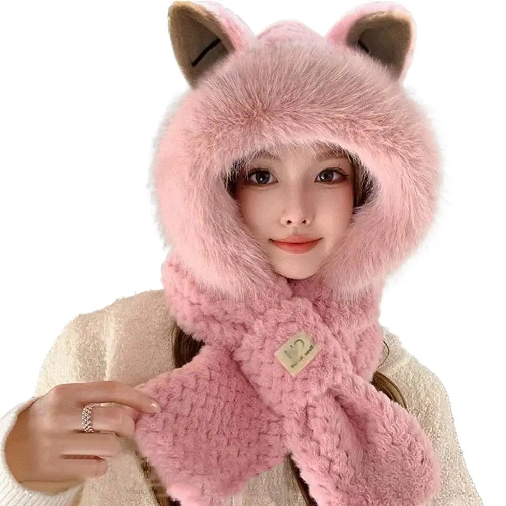 Lovely Beanie Hat Scarf Set Women Faux Fur Warm Winter Hat Neck Circle Scarf Ski Snow Hat Cap Bear Plush Hat Ear Protection