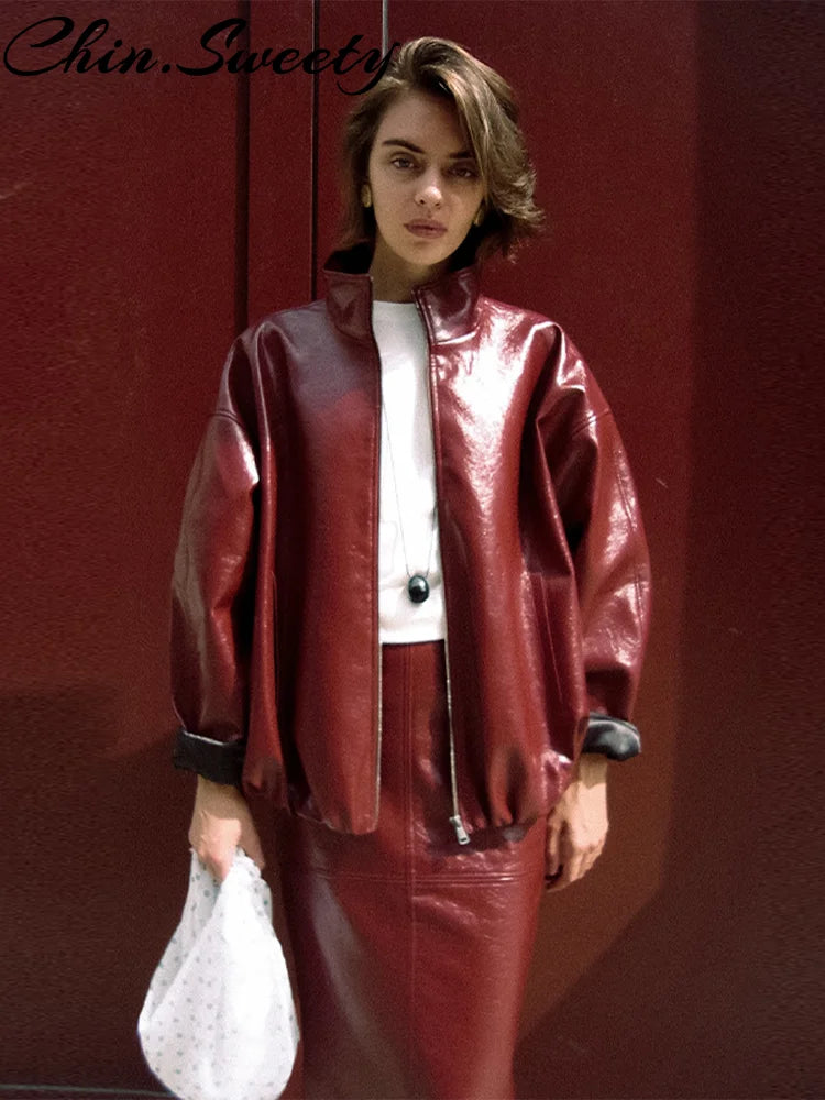Y2K Pu Leather Women Skirt Set Street Solid Long Sleeve Stand Zippers Jacket Split Skirts 2025 Autumn Fashion Lady Outfit