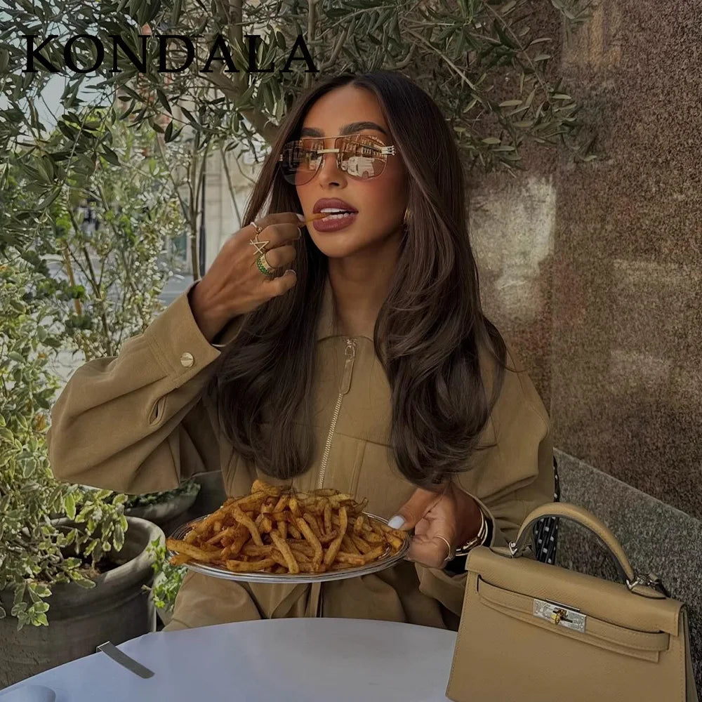 KONDALA 2025 Fall Winter Streetwear Solid Women Lace Up Suits Fashion Elegant Turndown Collar Zip Up Jackets Chic Wide Leg Pants