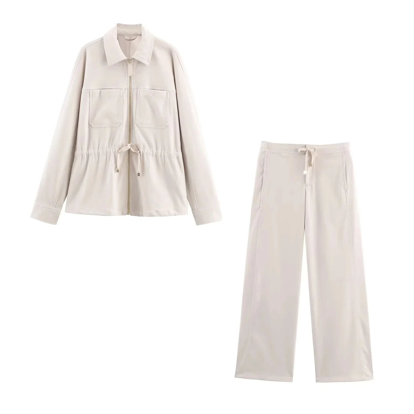 KONDALA 2025 Fall Winter Streetwear Solid Women Lace Up Suits Fashion Elegant Turndown Collar Zip Up Jackets Chic Wide Leg Pants