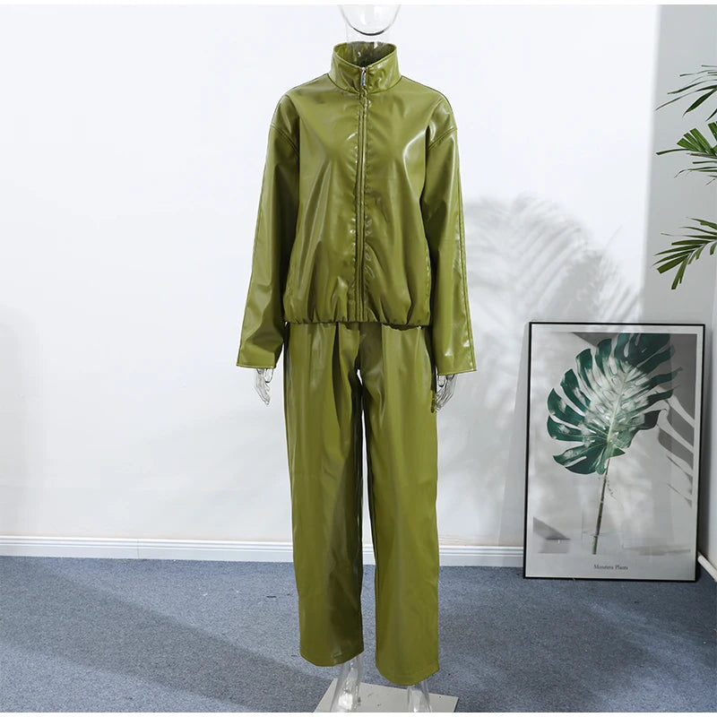 Y2K Pu Leather Women Skirt Set Street Solid Long Sleeve Stand Zippers Jacket Split Skirts 2025 Autumn Fashion Lady Outfit