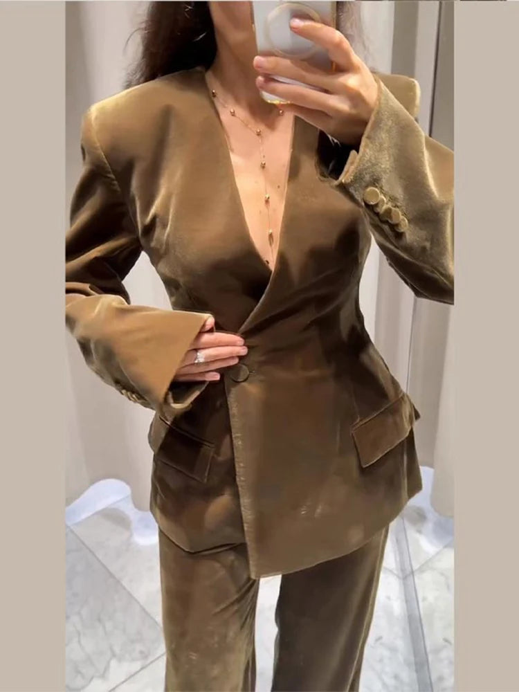 Vlvet Women's Coat Pants Set Turn-down Collar One Button Coats Straight Trousers Female Suit 2025 Autumn Elegant Chic Lady Suits