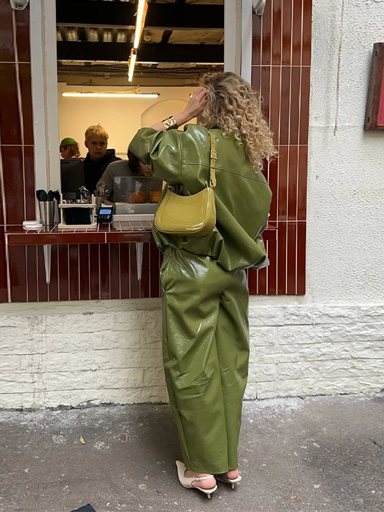 Y2K Pu Leather Women Skirt Set Street Solid Long Sleeve Stand Zippers Jacket Split Skirts 2025 Autumn Fashion Lady Outfit