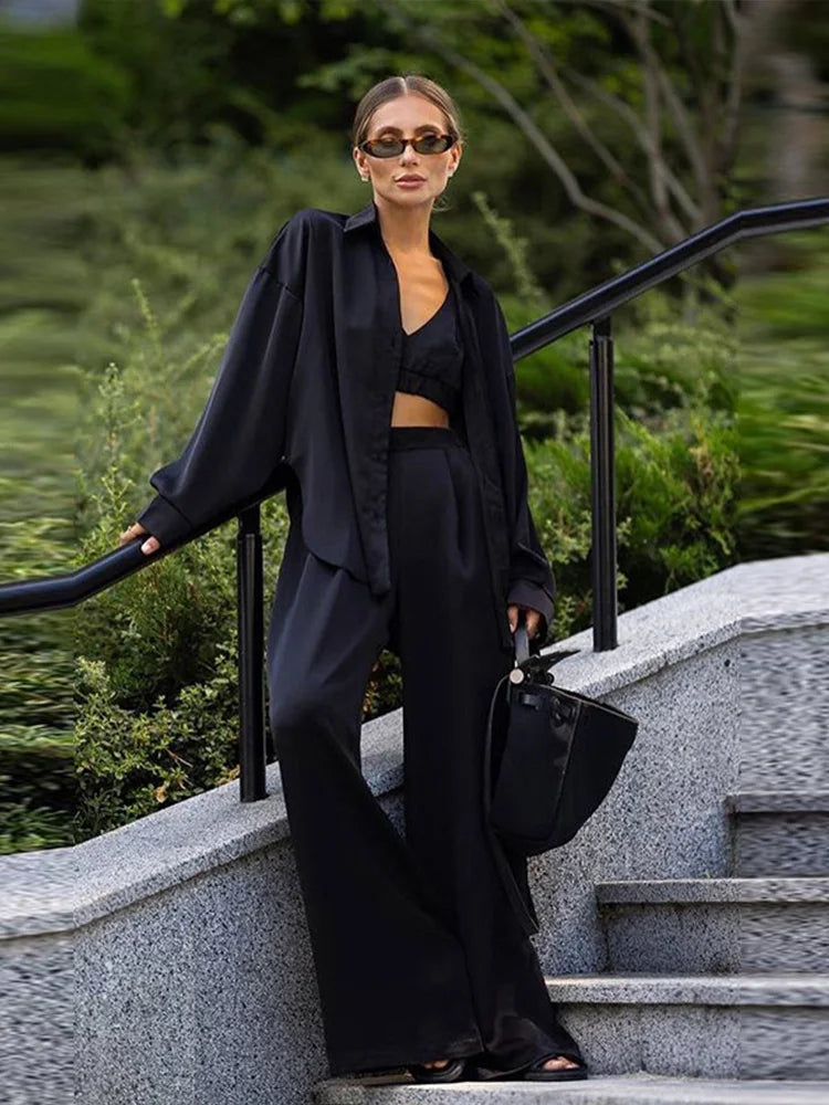 Sexy Loose Silk 3 Piece Sets Women Outfit Fashion Long Sleeve Shirts Bra With High Waist Wide Pants Set Lady Outfit 2025