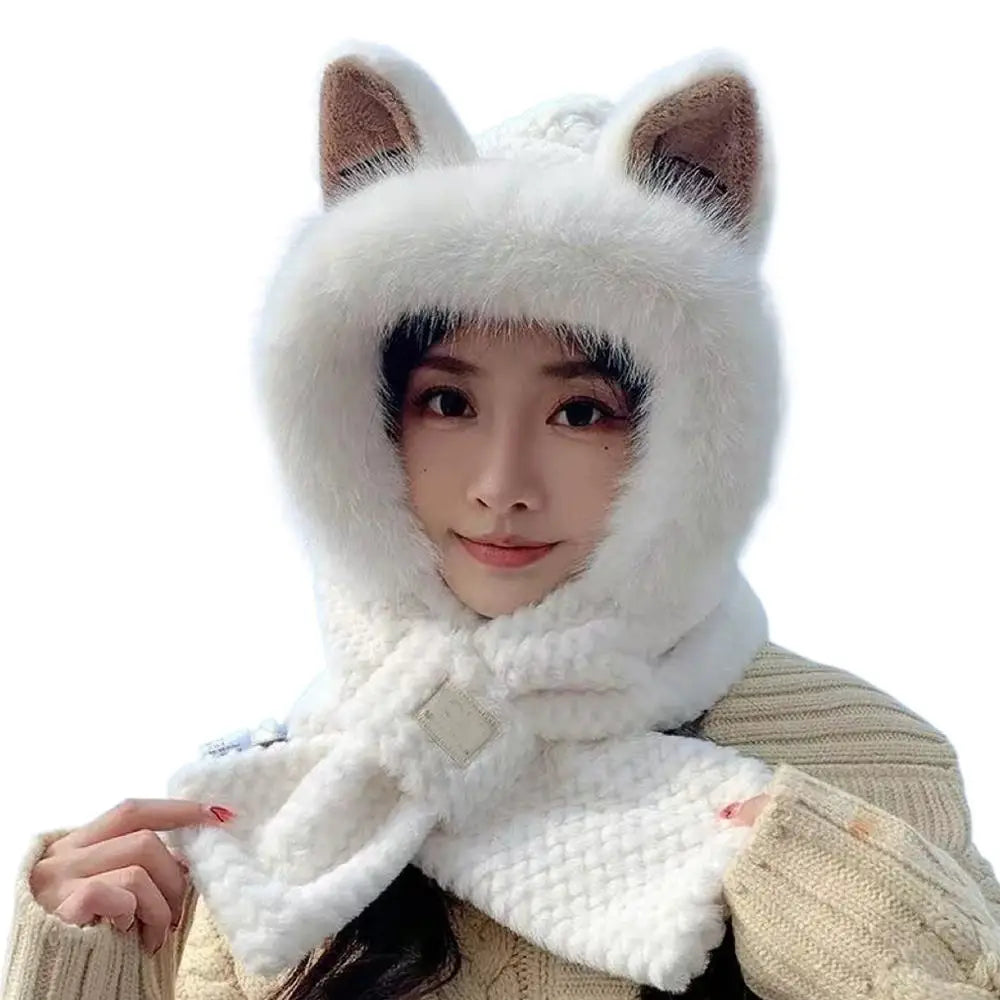 Lovely Beanie Hat Scarf Set Women Faux Fur Warm Winter Hat Neck Circle Scarf Ski Snow Hat Cap Bear Plush Hat Ear Protection