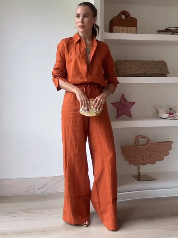 Sexy Loose Silk 3 Piece Sets Women Outfit Fashion Long Sleeve Shirts Bra With High Waist Wide Pants Set Lady Outfit 2025